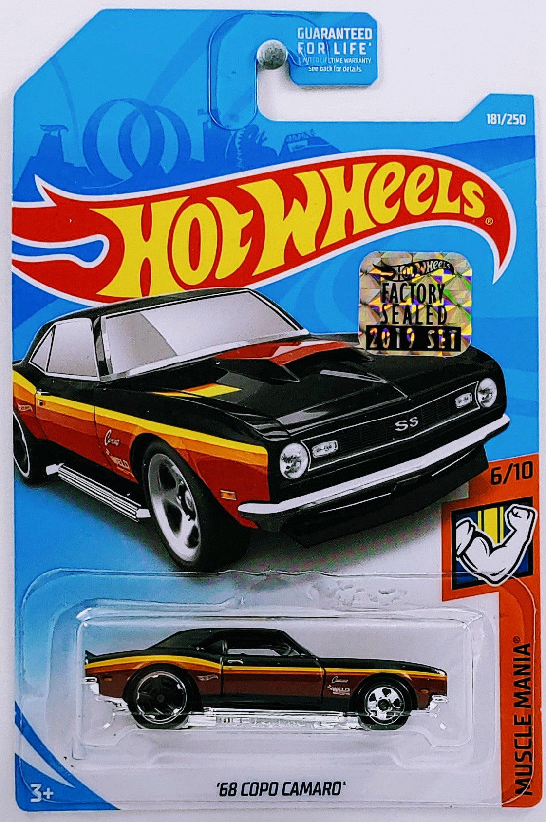 Hot Wheels 2019 - Collector # 181/250 - Muscle Mania 6/10 - '68 COPO Camaro - Black - Walgreen's Exclusive - USA Card with Factory Set Sticker