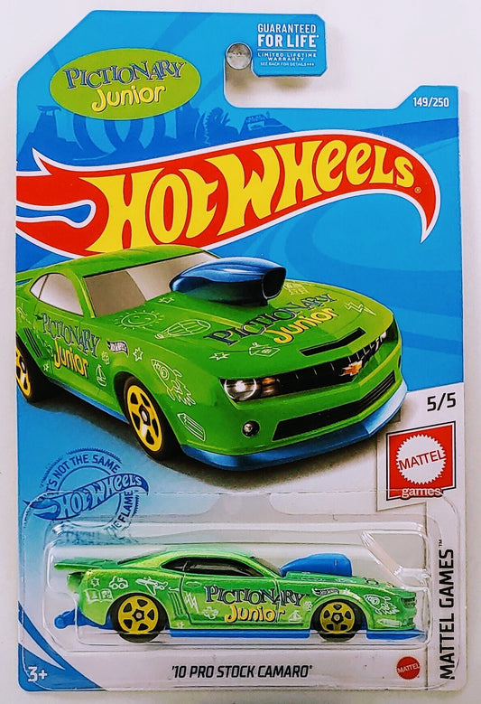 Hot Wheels 2021 - Collector # 149/250 - Mattel Games 5/5 - '10 Pro Stock Camaro - Green / Pictionary - USA Card - Kroger Exclusive