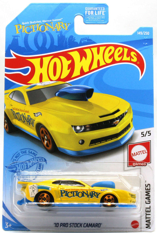 Hot Wheels 2021 - Collector # 149/250 - Mattel Games 5/5 - '10 Pro Stock Camaro - Yellow / Pictionary - USA Card