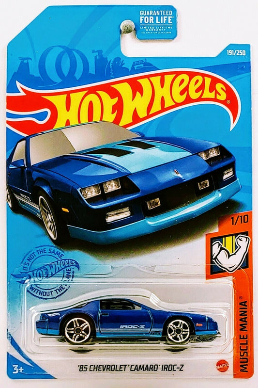 Hot Wheels 2021 - Collector # 191/250 - Muscle Mania 1/10 - '85 Chevrolet Camaro IROC-Z - Blue / Blue Accent Stripes - PR5 Wheels - USA Card