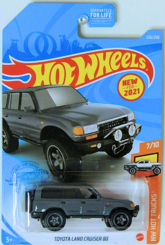 Hot Wheels 2021 - Collector # 226/250 - HW Hot Trucks 7/10 - New Models - Toyota Land Cruiser 80 - Gray - Baja5 Wheels - Smoke Windows - Black Interior - Black Plastic Base - USA Card