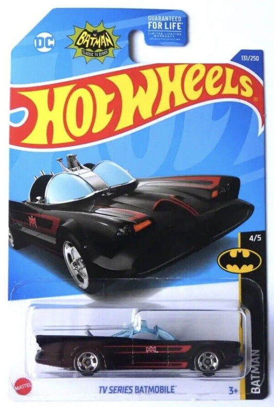 Hot Wheels 2022 - Collector # 131/250 - Batman 4/5 - TV Series Batmobile - Black / Red Accents - Retro Slot Wheels - USA 'DC Batman' Card