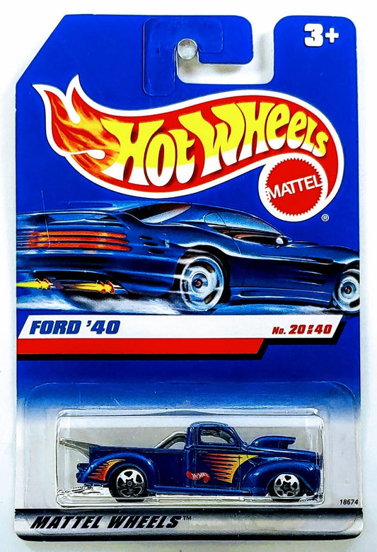 Hot Wheels 1998 - (USA Collector # 654) - First Editions 20/40 - ’40 Ford (Drag Truck) - Dark Blue - Malaysia - International Card - MPN 18674