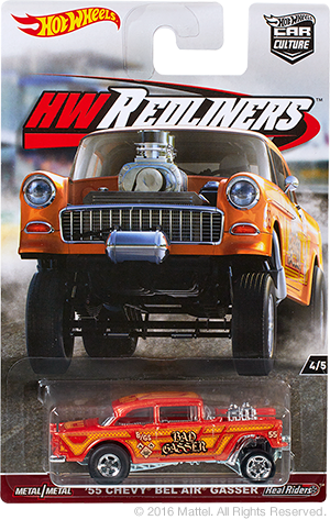 Hot Wheels 2017 - Car Culture / HW Redliners 4/5 - '55 Chevy Bel Air Gasser - Orange Red Metalflake - Metal/Metal - Real Riders - MPN DWH84