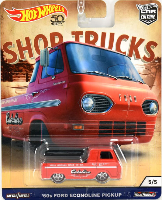 Hot Wheels 2018 - Premium / Car Culture / Shop Trucks 5/5 - '60s Ford Econoline Pickup - Red / Caballero Ramp Service - Metal/Metal & Real Riders