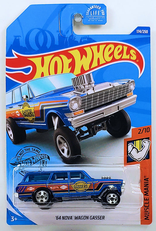 Hot Wheels 2020 - Collector # 174/250 - Muscle Mania 2/10 - '64 Nova Wagon Gasser - Satin Blue / Southeast Gassers Association - Walgreens Exclusive - USA Card
