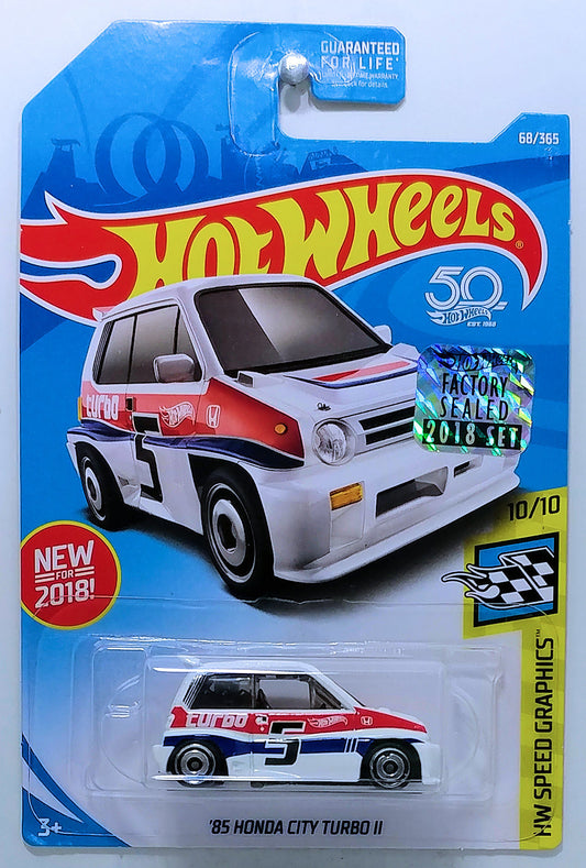 Hot Wheels 2018 - Collector # 068/365 - HW Speed Graphics 10/10 - New Models - '85 Honda City Turbo II - White / #5 - USA 50th Card with Factory Set Sticker