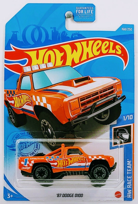Hot Wheels 2021 - Collector # 168/250 - HW Race Team # 1/10 - 87 Dodge D100 - Orange / #1 / Hot Wheels Racing Graphics - Gray on Black BLOR Wheels - Blue Windows - Black Interior - Black Plastic Base - USA Card