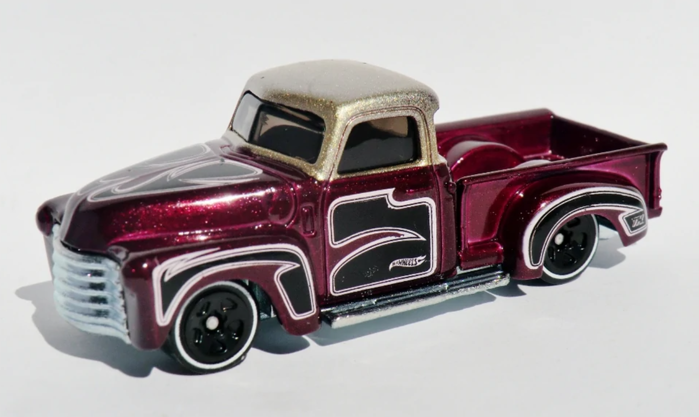 Hot Wheels 2012 - Collector # 058/247 - Treasure Hunt Series 08/15 - '52 Chevy - Metallic Pearl Maroon - Champagne Roof / Black & White Panel Graphics - USA Card
