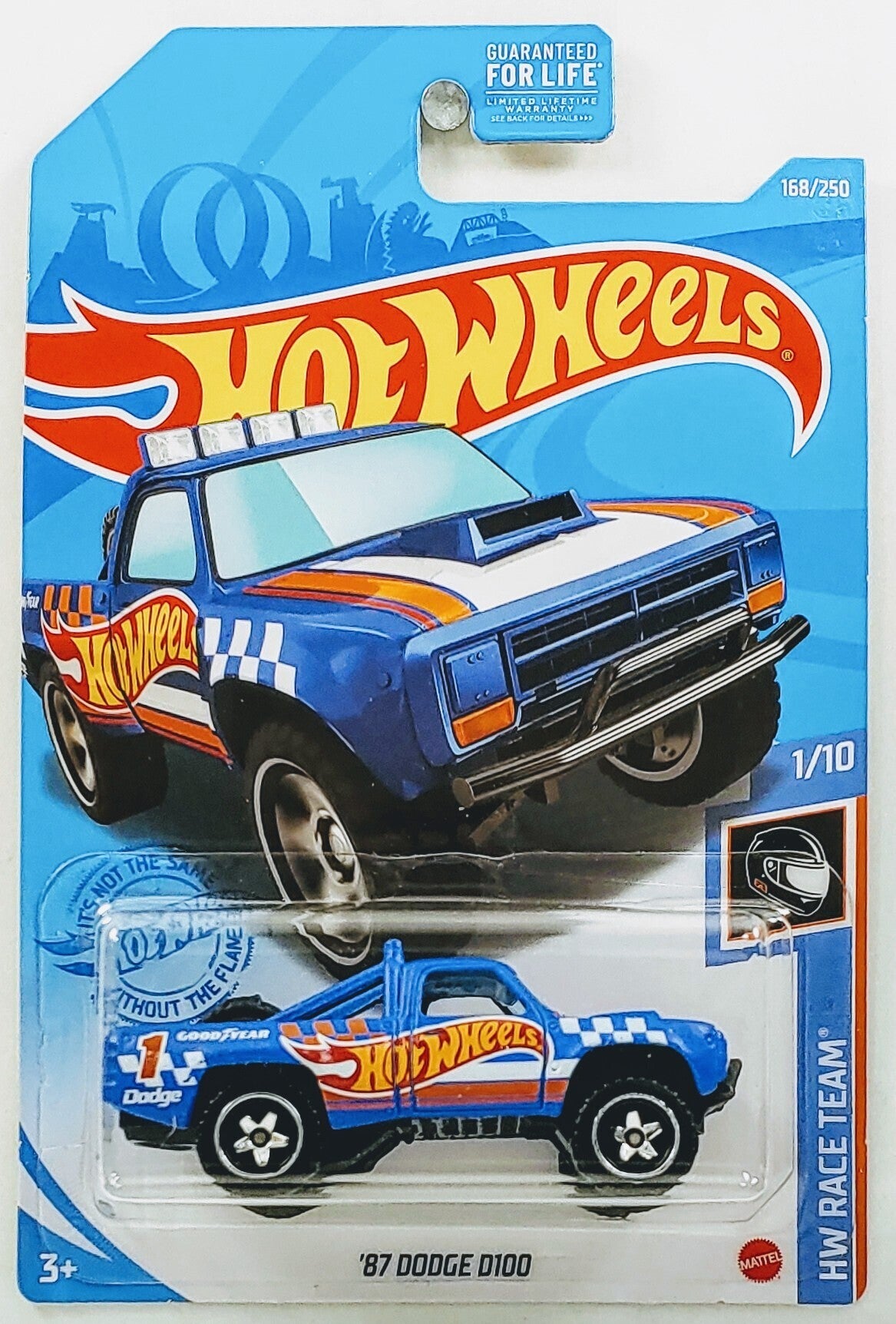 Hot Wheels 2021 - Collector # 168/250 - HW Race Team # 1/10 - 87 Dodge D100 - Matte Blue / #1 / Hot Wheels Racing - Baja 5 Wheels - Clear Windows - Black Interior - Black Plastic Base - USA Card