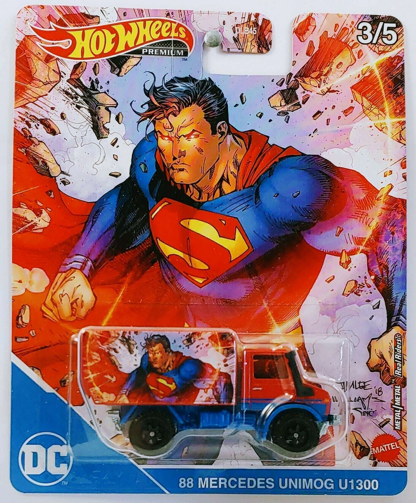 Hot Wheels 2021 - Premium / Pop Culture / DC Comics 3/5 - 88 Mercedes Unimog U1300 - Red / Superman&nbsp; - Metal/Metal & Real Riders