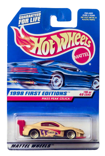 Hot Wheels 1998 - Collector # 652 - First Editions 15/40 - Pikes Peak Celica - Yellow - Purple in Tampos - USA Blue Car Card