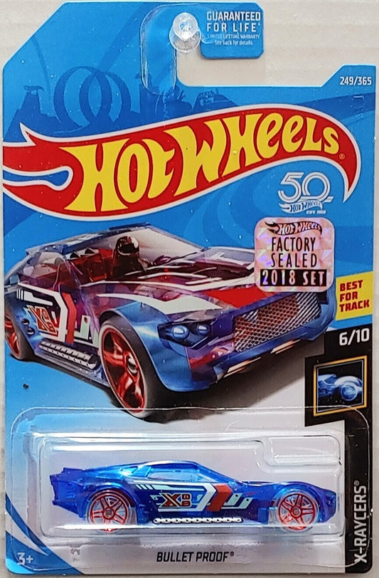 Hot Wheels 2018 - Collector # 249/365 - X-Raycers 6/10 - Bullet Proof - Transparent Blue - USA 50th Card with Factory Set Sticker