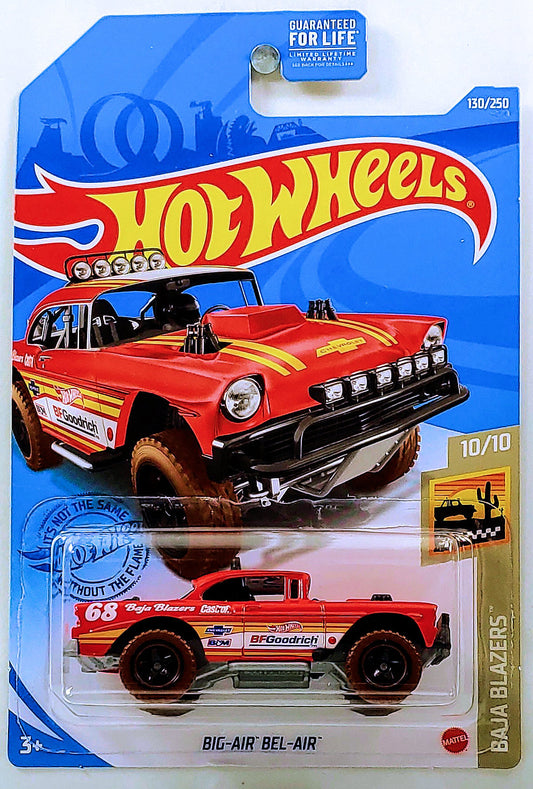 Hot Wheels 2021 - Collector # 130/250 - Baja Blazers 10/10 - Big-Air Bel-Air - Red - Black Baja5 Wheels on Brown Tires - Black Interior - Gray Plastic Base - USA Card