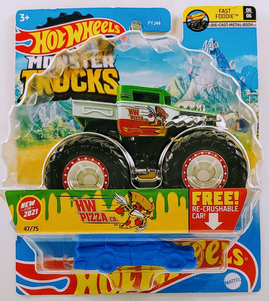 Hot Wheels 2021 - Monster Trucks - Collector # 47/75 - Fast Foodie 6/6 - Bone Shaker - Green / HW Pizza Co. - FREE Re-Crushable Car!