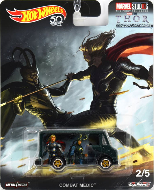 Hot Wheels 2018 - Premium / Pop Culture / Marvel Studios 2/5 - Combat Medic - Metalflake Green / Thor & Loki - Metal/Metal & Real Riders