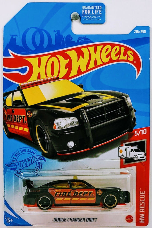 Hot Wheels 2021 - Collector # 216/250 - HW Rescue 5/10 - Dodge Charger Drift - Black / Fire Dept. - USA