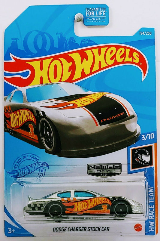 Hot Wheels 2021 - Collector # 194/250 - HW Race Team 3/10 - ZAMAC # 017 - Dodge Charger Stock Car - ZAMAC - Walmart Exclusive - USA Card