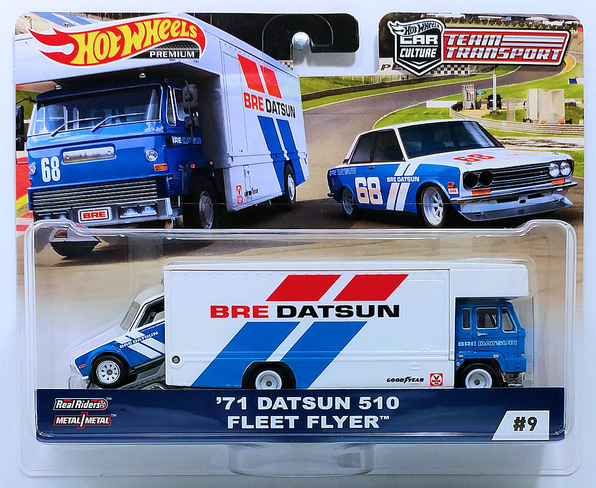 Hot Wheels 2019 - Premium / Car Culture / Mix 1 / Team Transport # 9 - '71 Datsun 510 - Fleet Flyer - Blue & White / BRE Racing - Metal/Metal & Real Riders - Large Blister Card