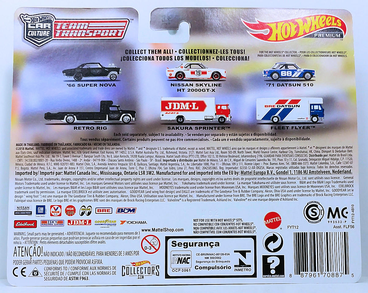 Hot Wheels 2019 - Premium / Car Culture / Mix 1 / Team Transport # 9 - '71 Datsun 510 - Fleet Flyer - Blue & White / BRE Racing - Metal/Metal & Real Riders - Large Blister Card