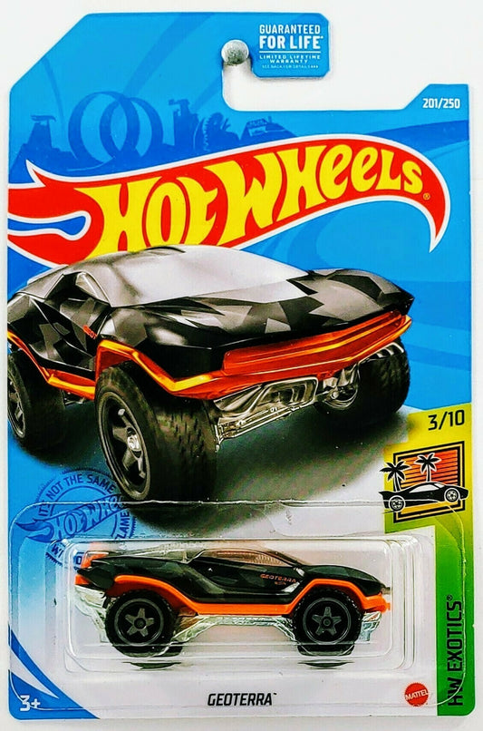Hot Wheels 2021 - Collector # 201/250 - HW Exotics 3/10 - Geoterra - Black - Black Baja5 Wheels - Clear Windows - Orange Interior - Metal Base - USA Card