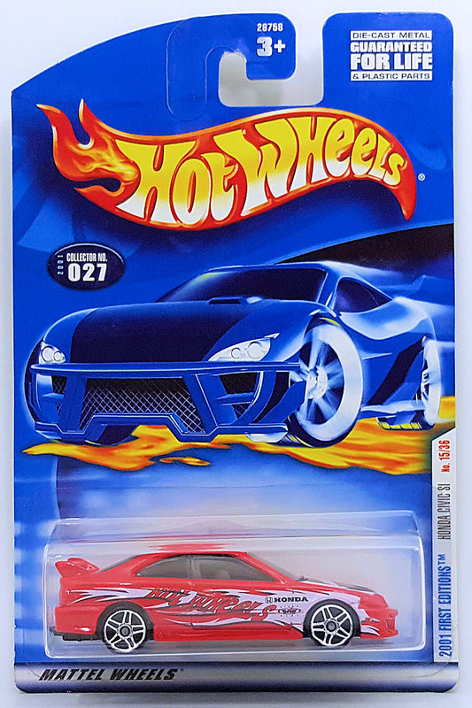 Hot Wheels 2001 - Collector # 027/240 - First Editions 15/36 - Honda Civic Si - Red - PR5 Wheels - Tinted Windows - USA Card