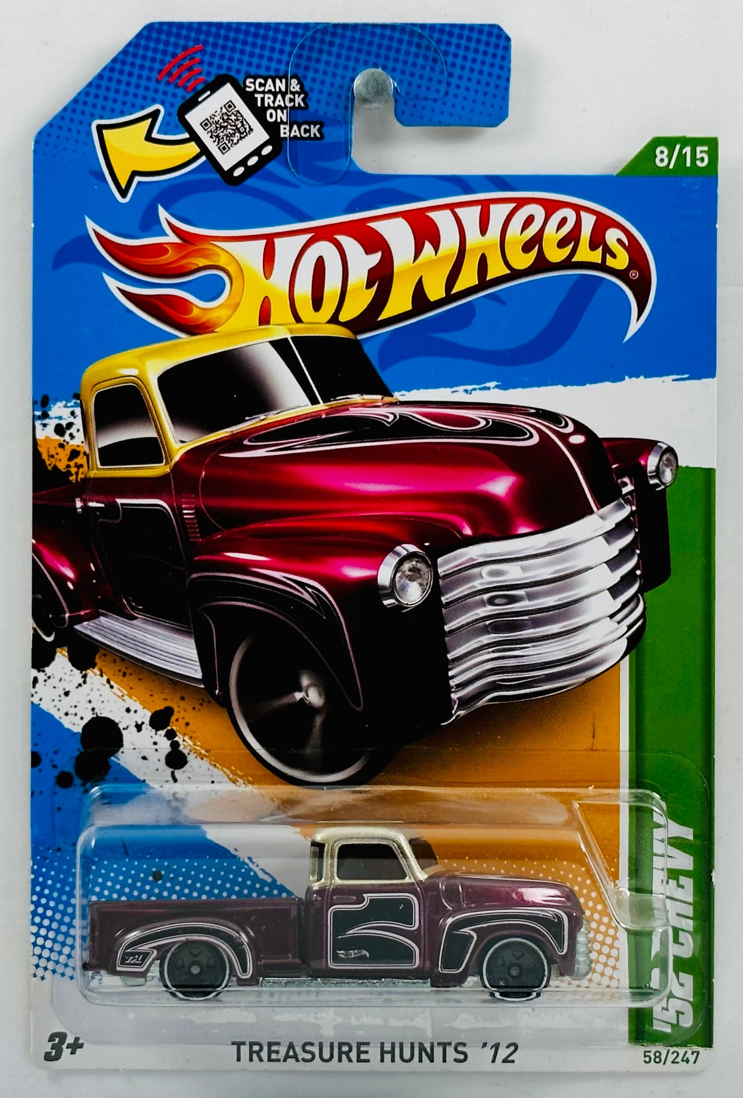 Hot Wheels 2012 - Collector # 058/247 - Treasure Hunt Series 08/15 - '52 Chevy - Metallic Pearl Maroon - Champagne Roof / Black & White Panel Graphics - USA Card