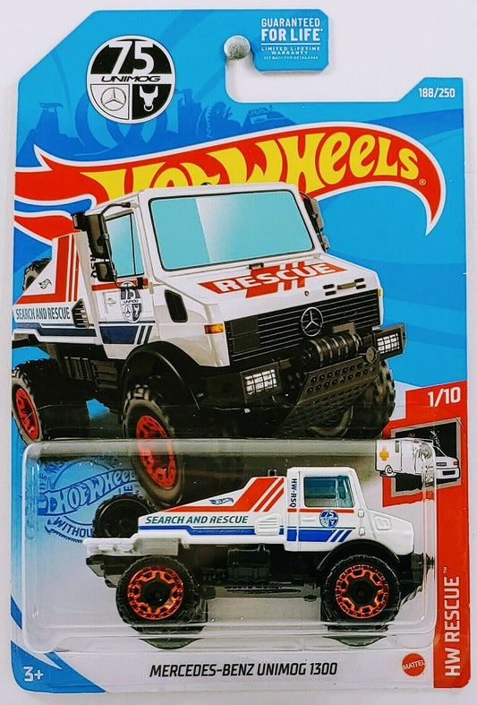 Hot Wheels 2021 - Collector # 188/250 - HW Rescue 1/10 - Mercedes-Benz Unimog 1300 - White - Red BLOR Wheels - Clear Windows - Black Interior - Black Plastic Base - USA Card with 75th Anniversary Promo