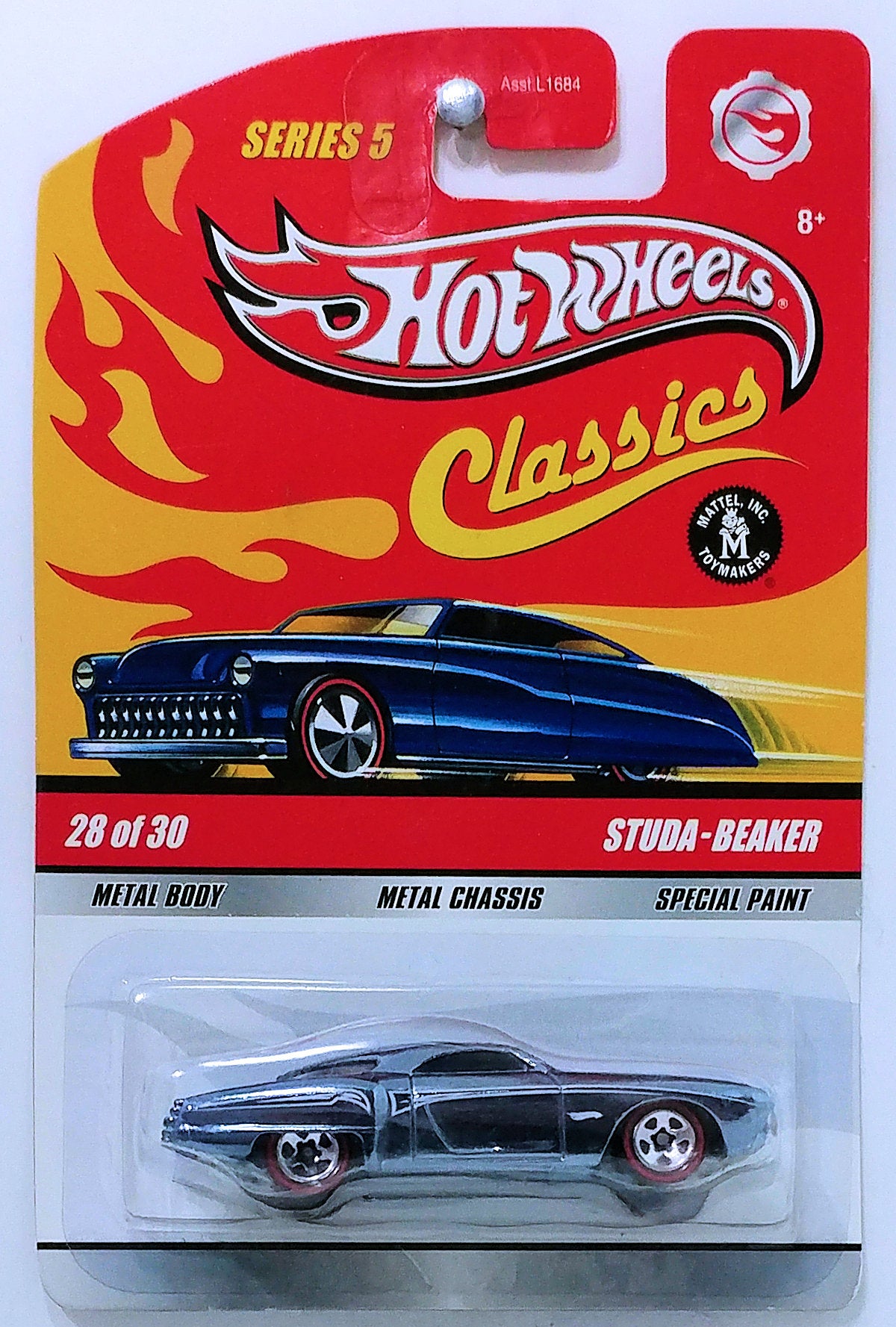Hot Wheels 2009 - Classics Series 5 # 28/30 - Studa-Beaker - Spectraflame Steel Blue - Metal/Metal & 5 Spokes with Redlines - NEW Casting!
