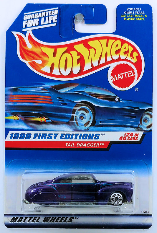 Hot Wheels 1998 - Collector # 659 - First Editions 24/40 - Tail Dragger - Purple - USA Blue Car Card
