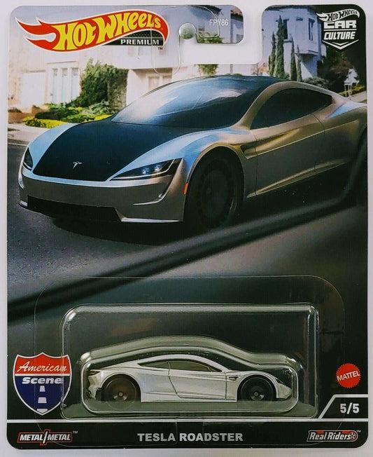 Hot Wheels 2022 - Premium / Car Culture / American Scene 5/5 - Tesla Roadster - Silver - Metal/Metal & Real Riders - New Casting