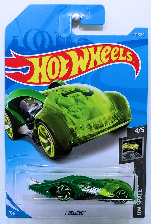 Hot Wheels 2019 - Collector # 141/250 - HW Space 4/5 - New Models - i-Believe - Green Metalflake - International Long Card